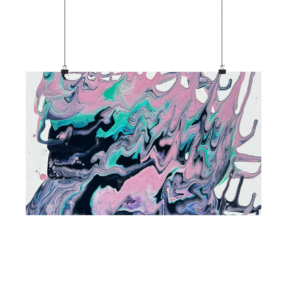 Abstract Fluid Art Poster Dripping Pink & Teal Matte Horizontal Print