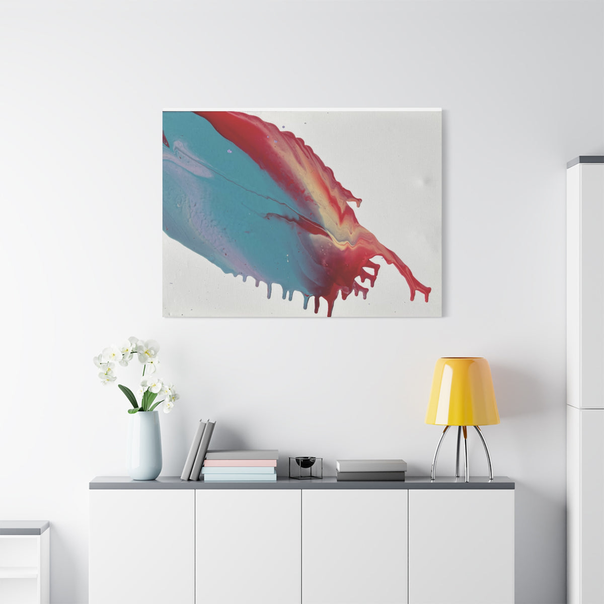 Ceiling Abstract Drip Matte Canvas Print (Blue & Red Fluid Art)