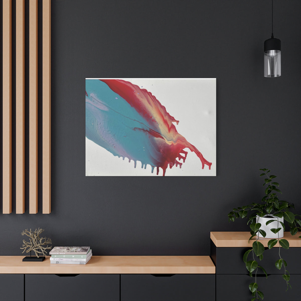 Ceiling Abstract Drip Matte Canvas Print (Blue & Red Fluid Art)