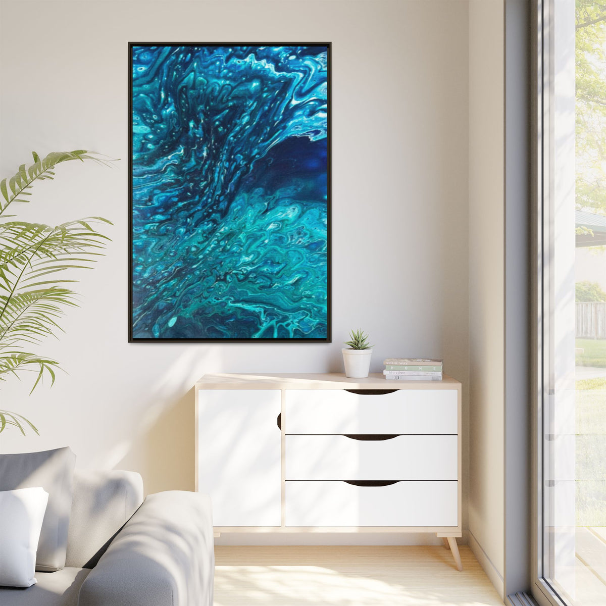 Framed Ocean Abstract Matte Canvas Art Turquoise Blue Fluid Painting