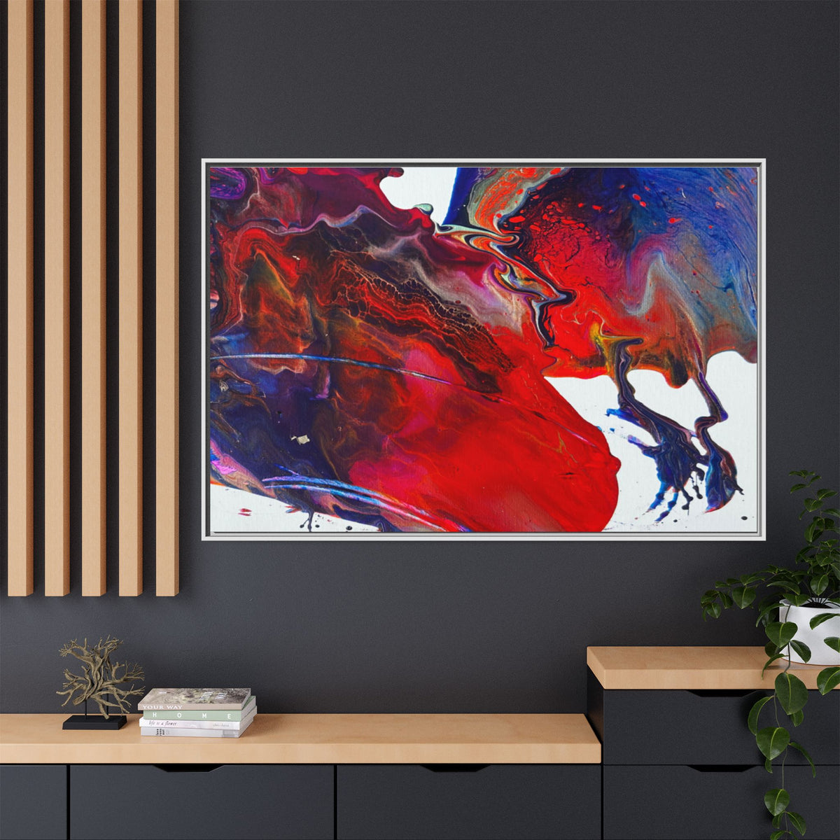 Universe Abstract Red & Blue Fluid Art Matte Canvas (Framed)
