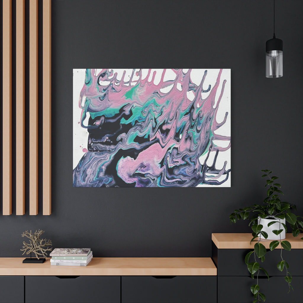 Dripping Abstract Pour Painting Canvas  Pink Teal Fluid Art Stretched Wall Decor