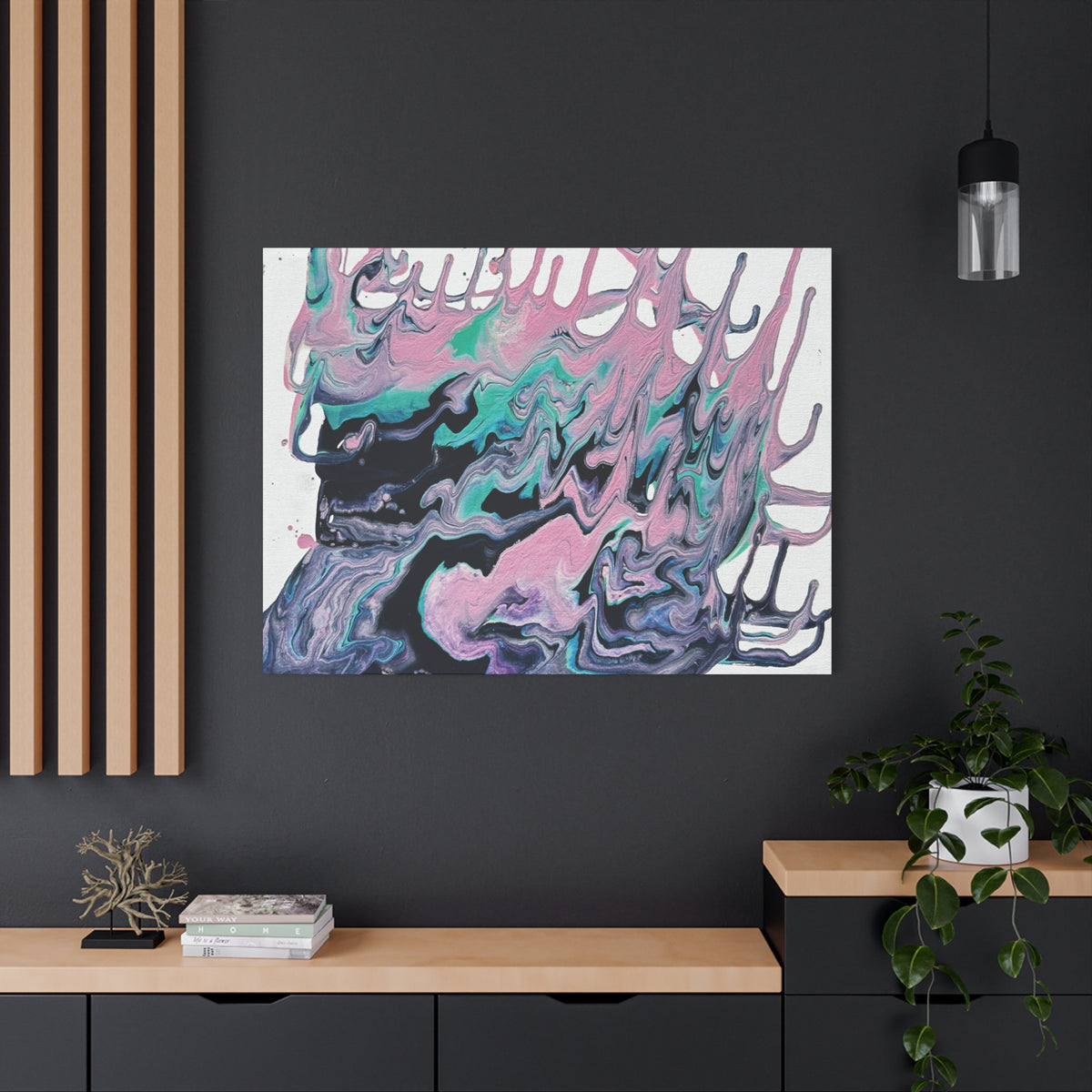 Dripping Abstract Pour Painting Canvas  Pink Teal Fluid Art Stretched Wall Decor