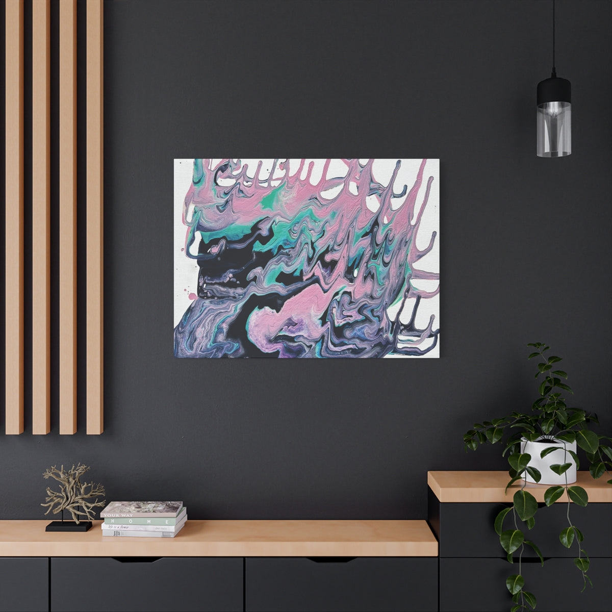 Dripping Abstract Pour Painting Canvas  Pink Teal Fluid Art Stretched Wall Decor