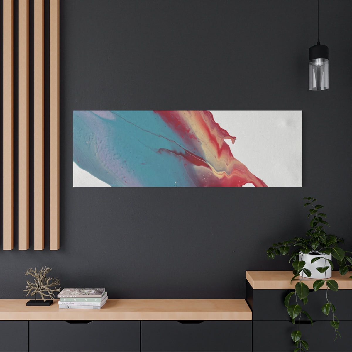 Ceiling Abstract Drip Matte Canvas Print (Blue & Red Fluid Art)